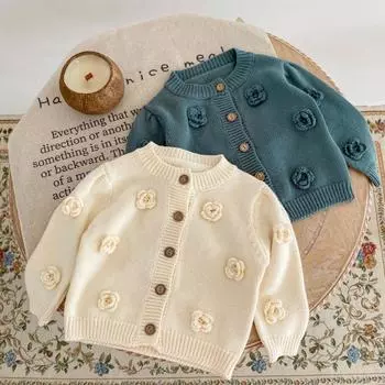 Осеннее детское вязаное пальто с круглым вырезом и цветочным принтом для девочек 66cm абрикосовый