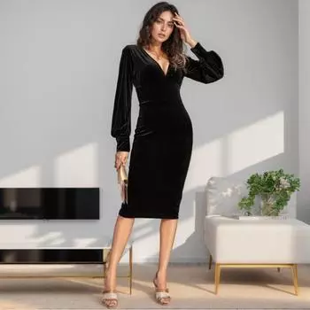 Осеннее длинное бархатное сексуальное платье с V-образным вырезом, элегантное модное плиссированное черное вечернее платье для женщин, повседневное облегающее офисное женское платье 1329 S чёрный