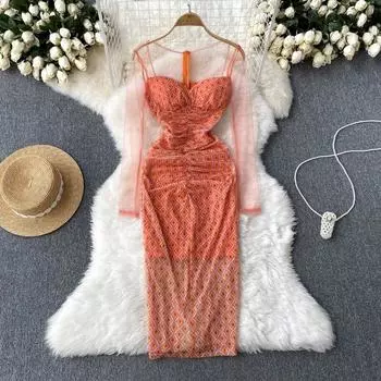 Осеннее длинное платье с французским сетчатым принтом в Новой Европе и США Pure Desire Wind Package Hip Dress