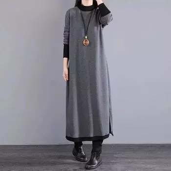 Осеннее длинное платье свободного покроя для женщин, свободное, плиссированное, модное, повседневное, женское, с длинным рукавом, женское, платье-пуловер XXL чёрный