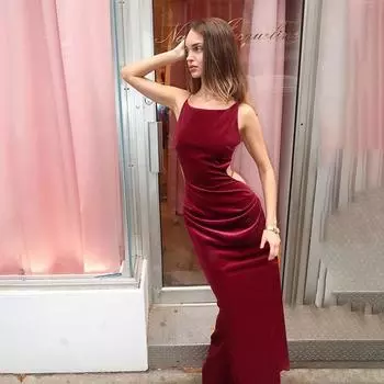 Осеннее длинное платье в стиле леди, сексуальное платье с отделкой из бархата и бретельками, женское платье S красный