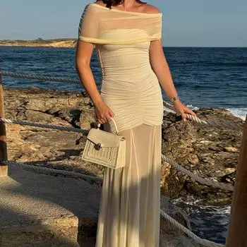 Осеннее длинное платье в стиле светской львицы, сексуальное облегающее сетчатое платье с одной линией плеч для женщин S абрикосовый света