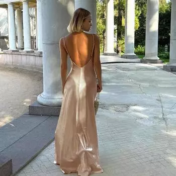 Осеннее длинное платье женское в стиле светской львицы сексуальное атласное платье с V-образным вырезом и открытой спиной S шампанского