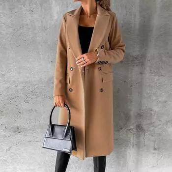 Осеннее длинное свободное шерстяное пальто для женщин, однотонное, средней длины, двубортное, с карманами, женская зимняя куртка, модные повседневные женские пальто больших размеров 24906 S светло-серый