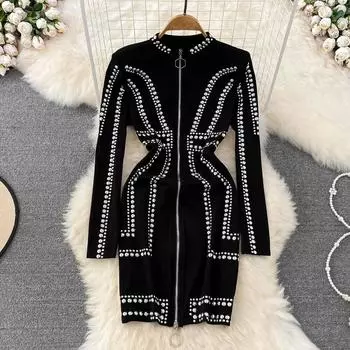 Осеннее европейское легкое роскошное темпераментное платье с воротником-стойкой и молнией на талии с бриллиантами и тонкое платье А-силуэта One Size чёрный