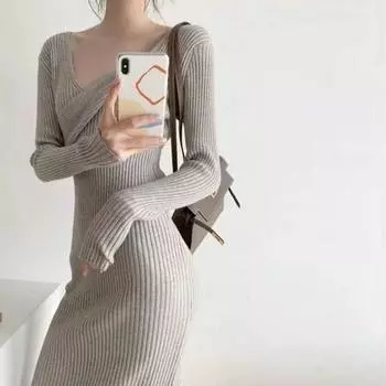 Осеннее французское длинное шерстяное платье с небольшим ароматом под трикотажным платьем, женский зимний свитер, женский пуловер One Size чёрный