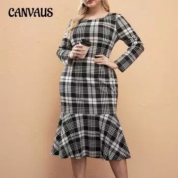 Осеннее французское модное платье в стиле ретро в клетку для женщин больших размеров с длинными рукавами и оборками в стиле «рыбий хвост» 0XL чёрный