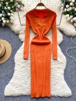 Осеннее французское модное винтажное трикотажное платье для женщин, элегантное однотонное платье с V-образным вырезом и длинным рукавом, ретро-шикарная облегающая одежда 2024 S чёрный