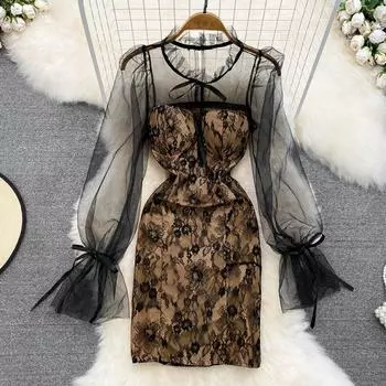 Осеннее французское облегающее платье на бедрах с длинными рукавами и круглым вырезом в сеточку с кружевной талией и талией S чёрный