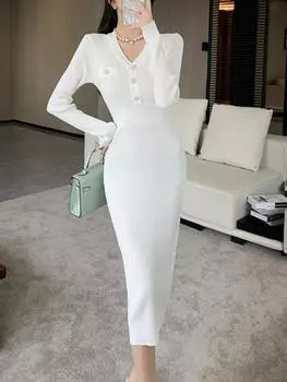 Осеннее французское однотонное трикотажное элегантное платье женское дизайнерское V-образное вырезное ретро шикарные платья женские новые модные повседневные винтажные тонкие платья S белый