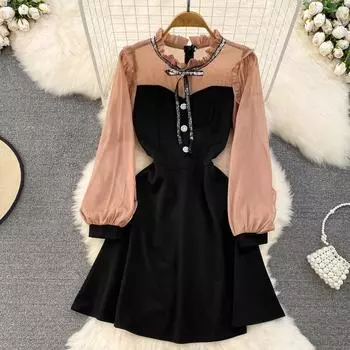 Осеннее французское платье для пожилых людей в стиле ретро с ложными двумя длинными рукавами и краями с воротником-стойкой и воротником-стойкой на талии, тонкое платье