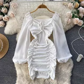 Осеннее французское платье с квадратным вырезом без бретелек, сексуальное, со шнуровкой, тонкое, тонкое, плиссированное, с милыми рукавами-пузырьками, посылка, хип-платье
