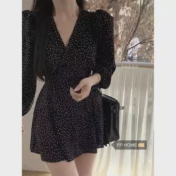 Осеннее французское ретро-платье в черный горошек: Нежный стиль морского отдыха S