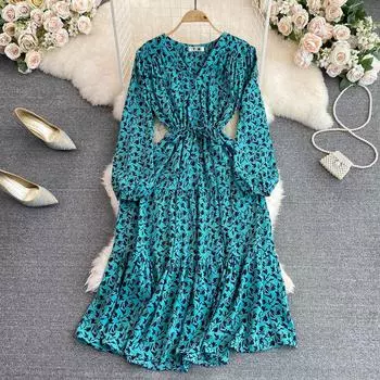 Осеннее французское ретро-темпераментное платье трапециевидной формы с v-образным вырезом и длинными рукавами на талии и цветочным принтом