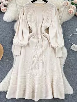 Осеннее французское ретро трикотажное элегантное длинное платье женское дизайнерское платье с круглым вырезом и длинным рукавом женская мода повседневная однотонная тонкая одежда M чёрный