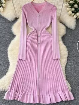 Осеннее французское ретро трикотажное элегантное длинное платье женское дизайнерское однобортное платье с V-образным вырезом женская мода однотонная тонкая одежда новое M чёрный