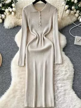 Осеннее французское ретро трикотажное элегантное платье женское дизайнерское однобортное платье с лацканами женская мода повседневная однотонная тонкая одежда M чёрный