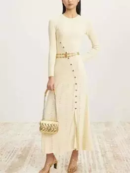 Осеннее французское шикарное ретро трикотажное платье для женщин, новый дизайн, элегантная модная одежда с длинным рукавом, эстетичные однобортные вечерние платья S бежевый