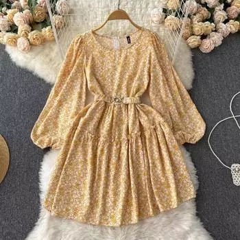 Осеннее французское сладкое дизайнерское платье с нишей на талии и рукавами-фонариками, маленькое платье с цветочным принтом