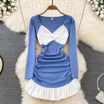 Осеннее французское темпераментное облегающее платье трапециевидной формы с длинными рукавами и длинными рукавами контрастного цвета, Нижнее платье