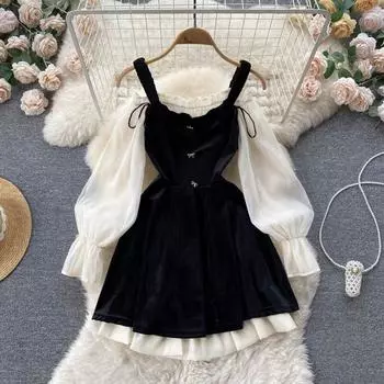 Осеннее французское винтажное платье из двух частей с бархатной талией и темпераментом Хепберн, ветровое платье