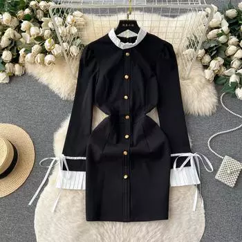 Осеннее французское винтажное платье в стиле Хепберн, однотонное черное тонкое облегающее мини-короткое вечернее платье, элегантное женское платье-карандаш с воротником-стойкой для офиса S чёрный