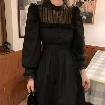 Осеннее готическое черное кружевное платье, женское повседневное элегантное вечернее платье миди с рюшами и длинными рукавами, эмо Y2k, готическая одежда S чёрный