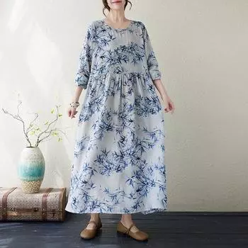 Осеннее хлопковое конопляное платье с круглым вырезом, свободного размера, с длинным рукавом, для женщин, винтажные платья в стиле бохо M