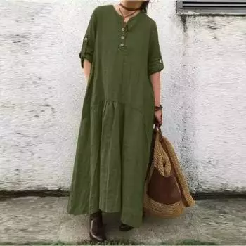 Осеннее хлопковое конопляное женское ретро-досуговое праздничное свободное длинное платье-рубашка с длинным рукавом S хаки