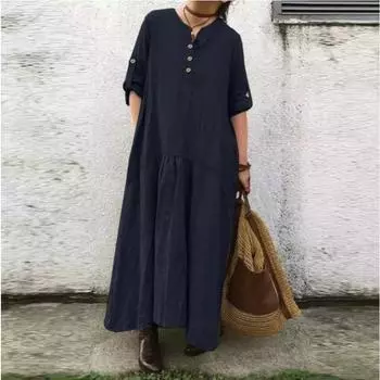 Осеннее хлопковое конопляное женское ретро-досуговое праздничное свободное длинное платье-рубашка с длинным рукавом S армия зеленый