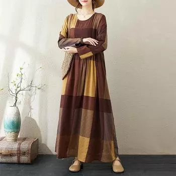Осеннее хлопковое льняное художественное ретро свободное платье средней длины для женщин L