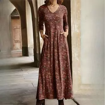 Осеннее хлопковое платье с V-образным вырезом и карманом, с длинным рукавом, женские длинные платья S коричневый