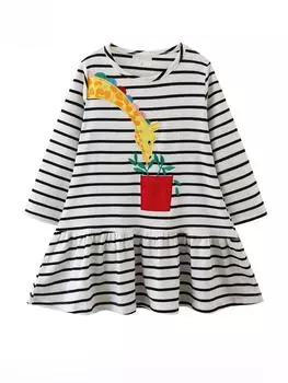 Осеннее хлопковое платье-трапеция с юбкой для девочек с кружевным подолом и вышивкой с героями мультфильмов