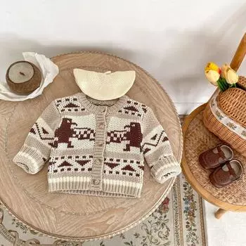 Осеннее хлопковое трикотажное пальто для девочек в стиле ретро для новорожденных мальчиков, милый вязаный кардиган унисекс для младенцев, вязаный жаккардовый свитер с рисунком из мультфильмов, bafanou 83439 66cm(3-6M) абрикосовый