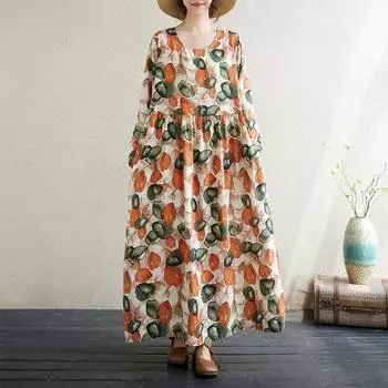 Осеннее художественное ретро-принт свободное утягивающее платье свободного покроя с длинными рукавами средней длины для женщин платья XL