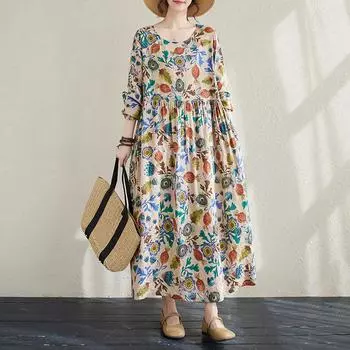 Осеннее художественное ретро свободное круглое платье с длинными рукавами большое свободное платье для женщин вечерние платья M