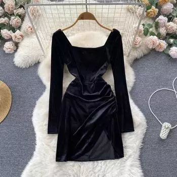 Осеннее и зимнее бархатное платье нестандартной формы с квадратным вырезом и средней длиной талии во французском стиле ретро, тонкое платье с длинными рукавами