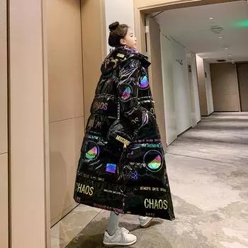 Осеннее и зимнее черное яркое хлопковое пальто с лицевой стороной вниз, женское плотное хлопковое пальто средней длины выше колена S чёрный