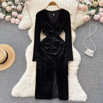Осеннее и зимнее длинное открытое платье с v-образным вырезом и v-образным вырезом в стиле французского темперамента, женское бархатное платье на талии
