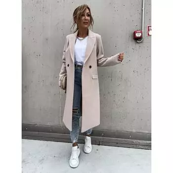 Осеннее и зимнее длинное шерстяное пальто с воротником, женское пальто S хаки