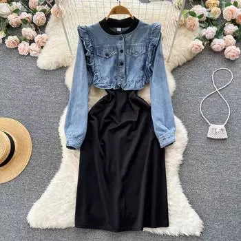 Осеннее и зимнее джинсовое джинсовое платье в стиле ретро с высокой талией и деревянным краем талии