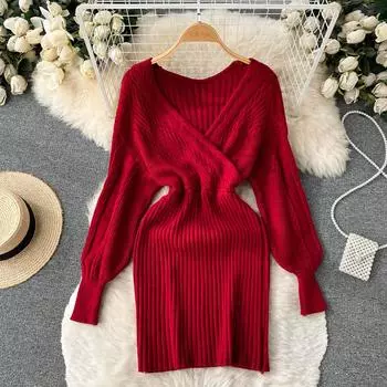 Осеннее и зимнее французское ретро с v-образным вырезом сексуальное однотонное вязаное платье в гонконгском стиле с талией женское