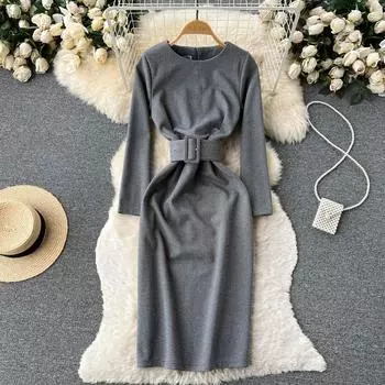 Осеннее и зимнее корейское темпераментное платье с завязками на талии и круглым вырезом, длинное вязаное платье на бедрах