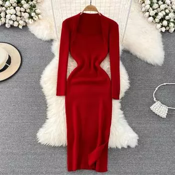 Осеннее и зимнее облегающее трикотажное дизайнерское платье с квадратным вырезом и длинными рукавами с разрезом на бедрах
