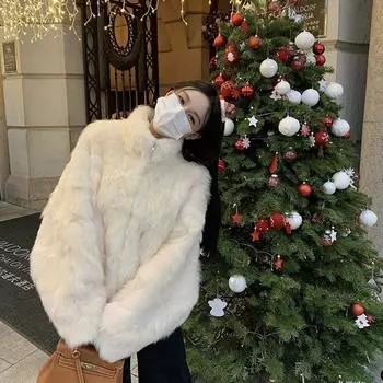 Осеннее и зимнее пальто из искусственного меха с воротником-стойкой, элегантное женское теплое пальто 2XL бежевый