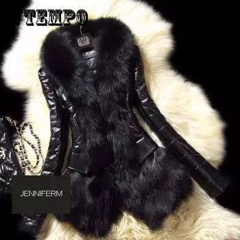 Осеннее и зимнее пальто из искусственного меха, короткое женское пальто из плотной хлопковой кожи с воротником из искусственного лисьего меха, женское черное кожаное пальто M чёрный