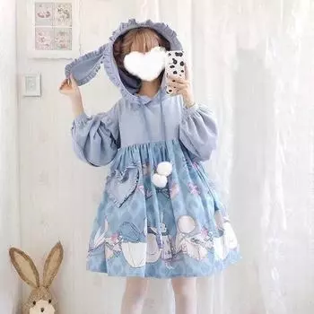 Осеннее и зимнее платье Лолиты с длинными рукавами. Милое платье-свитшот с капюшоном в стиле Лолита OP. M синий