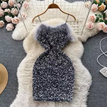 Осеннее и зимнее сексуальное платье-бретелька с блестками и блестками для пожилых людей, дизайн с эффектом шерсти