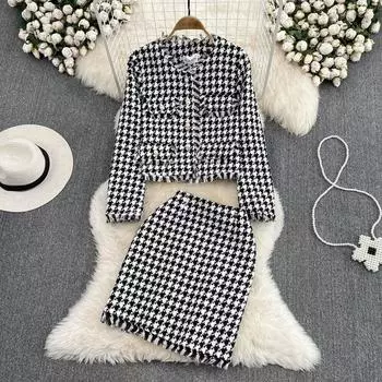 Осеннее и зимнее шерстяное пальто с круглым вырезом и узором «гусиные лапки», модный женский костюм из двух частей