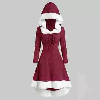 Осеннее и зимнее сочетание пышного платья с длинными рукавами и облегающего плаща с капюшоном на Рождество S красный